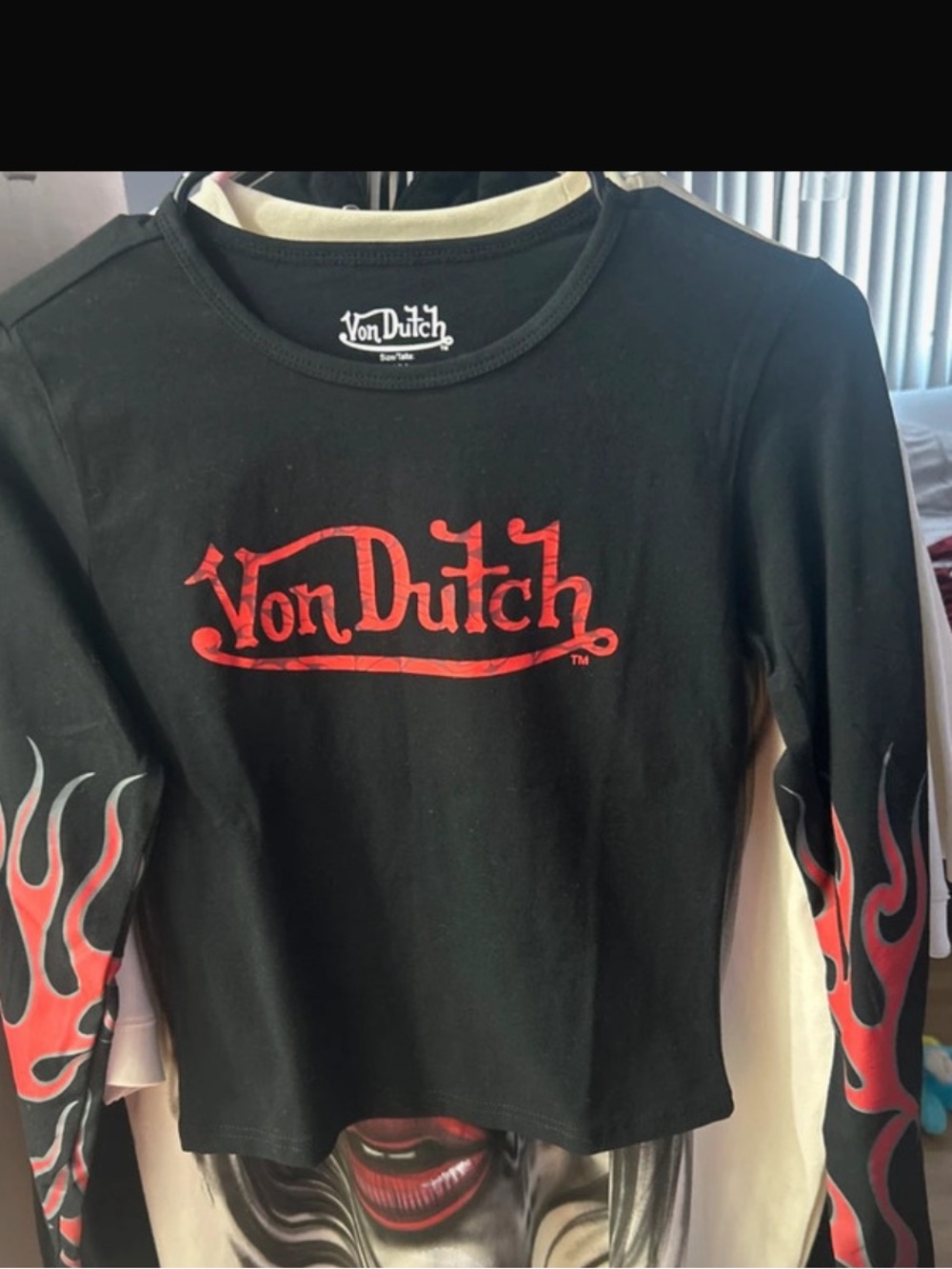 Von Dutch Black Long Sleeve Tee with Red Flame Sleeves